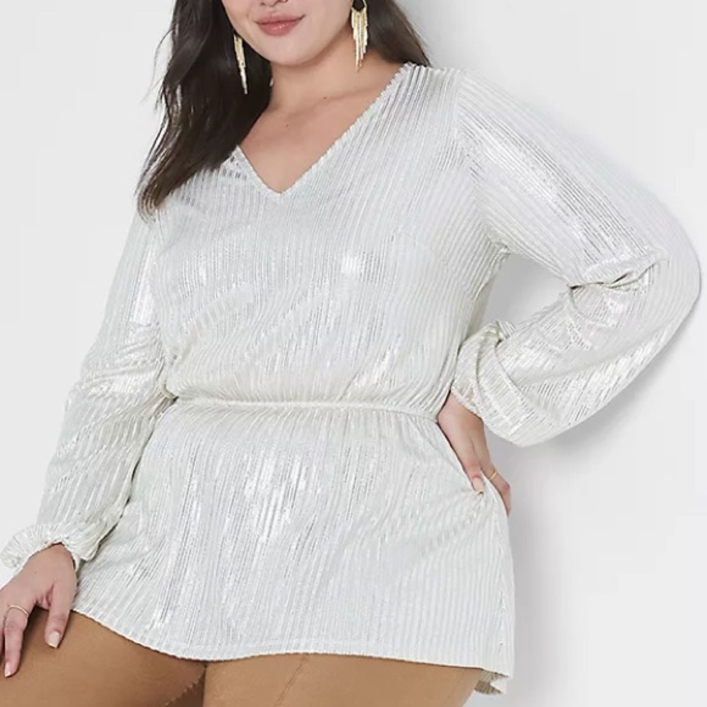 Lane Bryant Classic Blouson-Sleeve Top Festive Shimmery V-Neck Long Sleeve Top